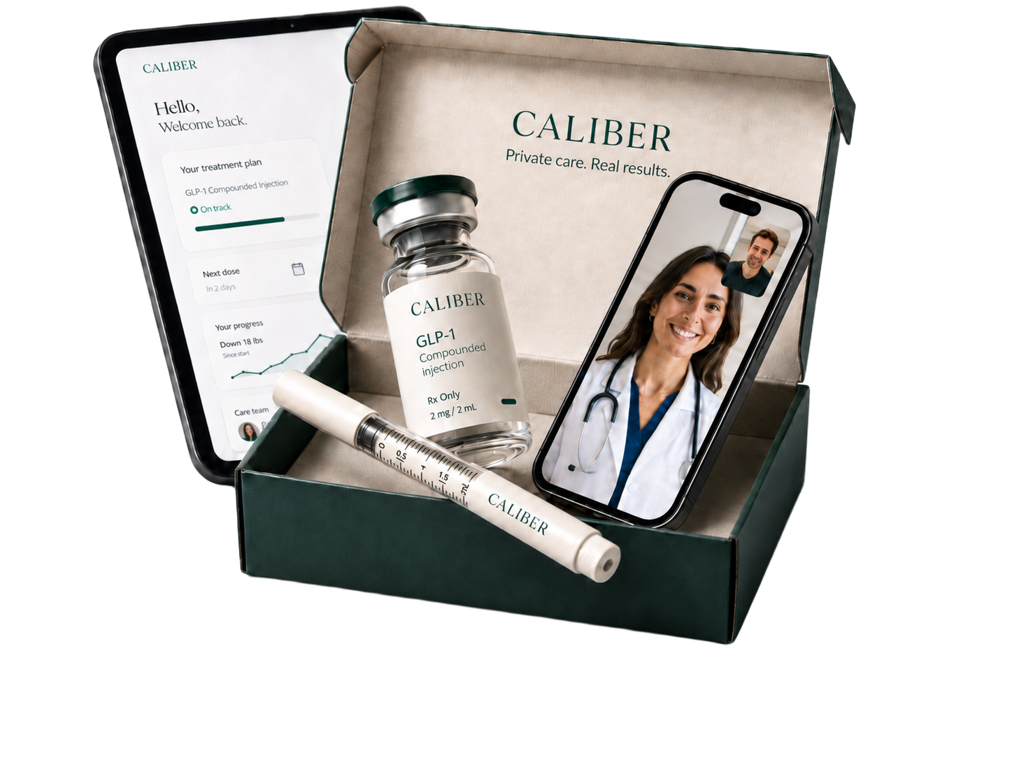 The Caliber pack — open forest-green box with vial, injector pen, member dashboard on tablet, and a clinician on a video call